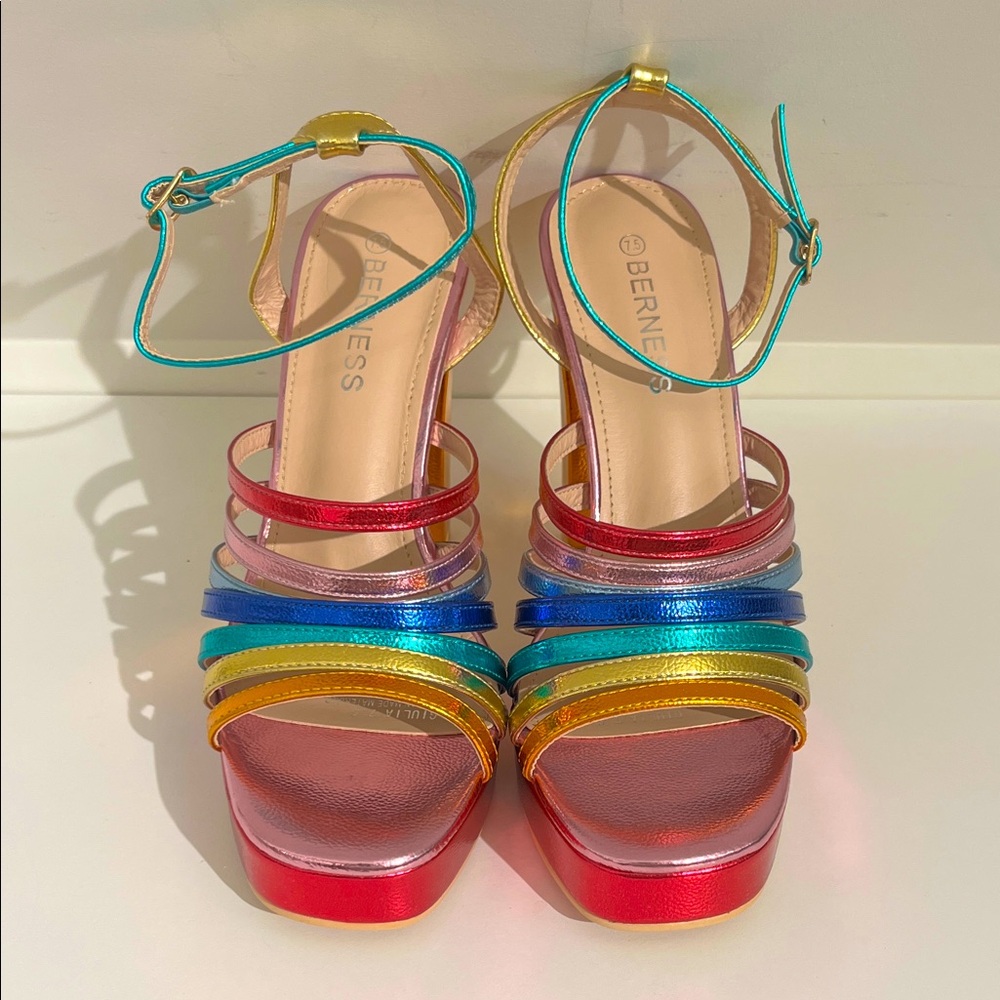 Fabulous Rainbow Multi-Color Metallic Strappy Sandals. Never Worn. Size 7.5.